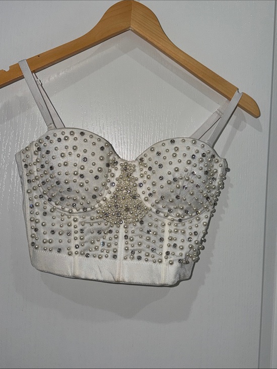 Windsor Tops - Windsor White Embellished Bustier Crop Top - Beaded size small